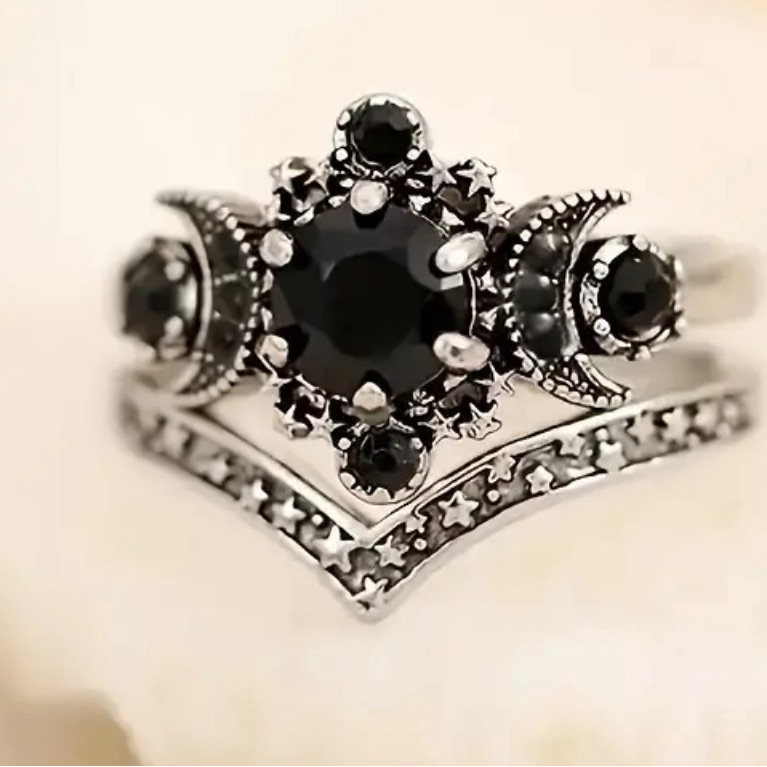 Nib Sun Moon And Stars Black Diamond Fabulous Ring Set